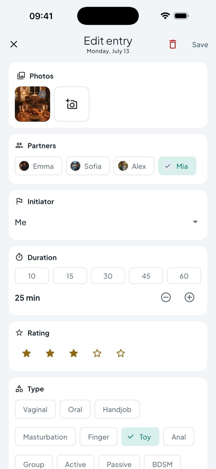 Intimassy entry form showing detailed activity logging fields
