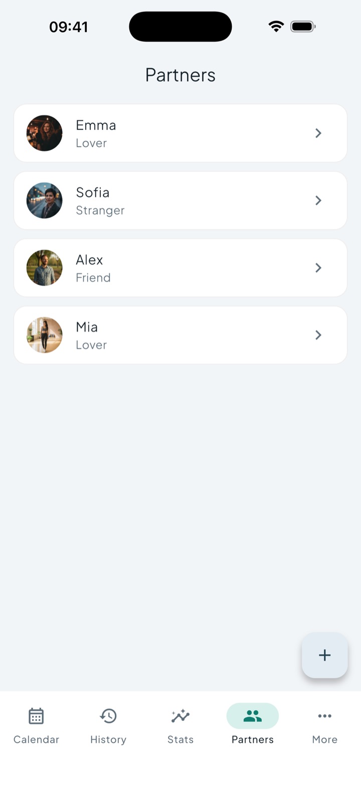 Intimassy partner profiles screen with photos and history
